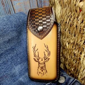 DEER GENUINE LEATHER KNIFE SHEATH 5.7 " FOLDING POCKET KNIFE HANDMADE BELT LOOP
